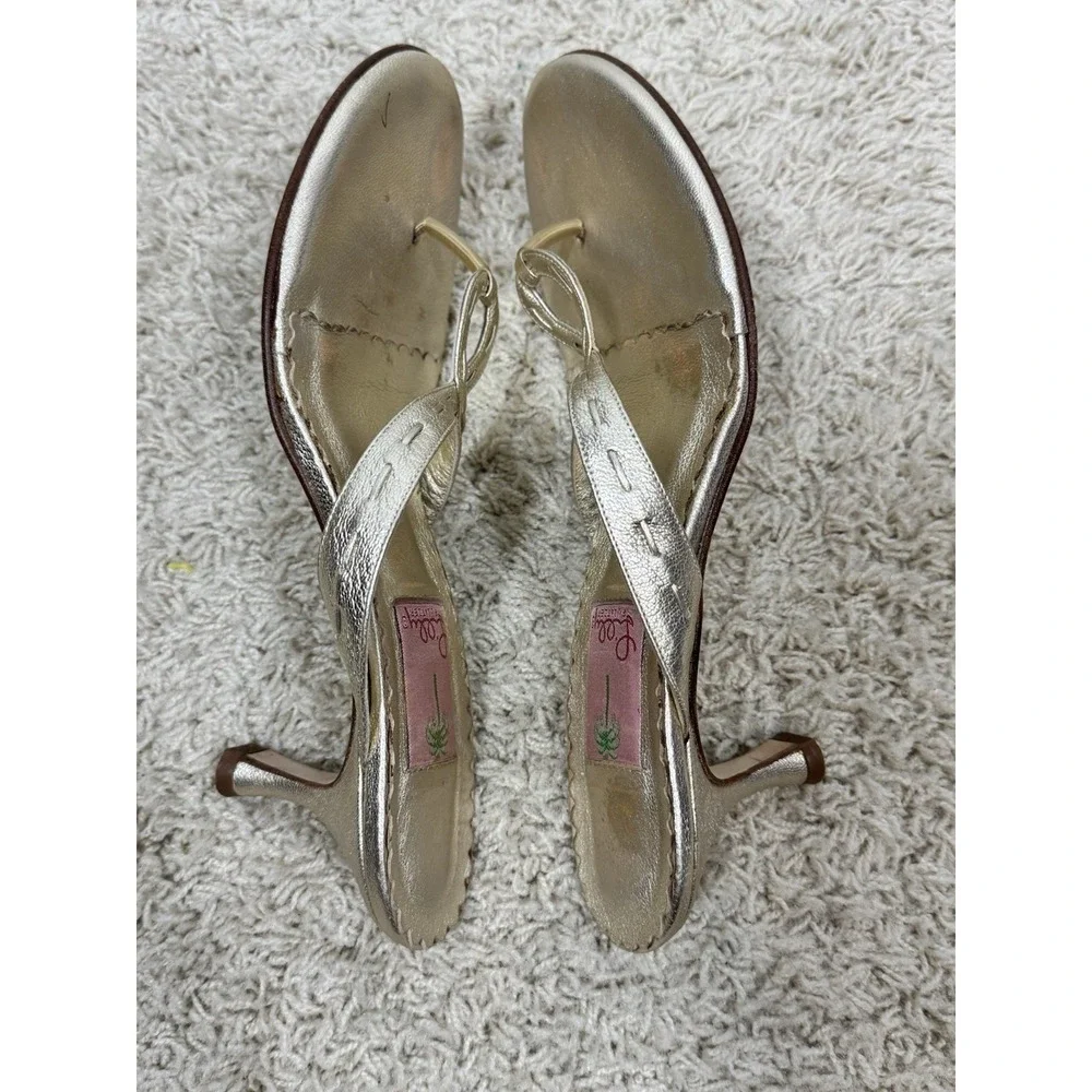 Lilly Pulitzer Metallic Gold Thong Kitten Heel Slip On Sandals Size 9.5 Resort - Picture 10 of 12
